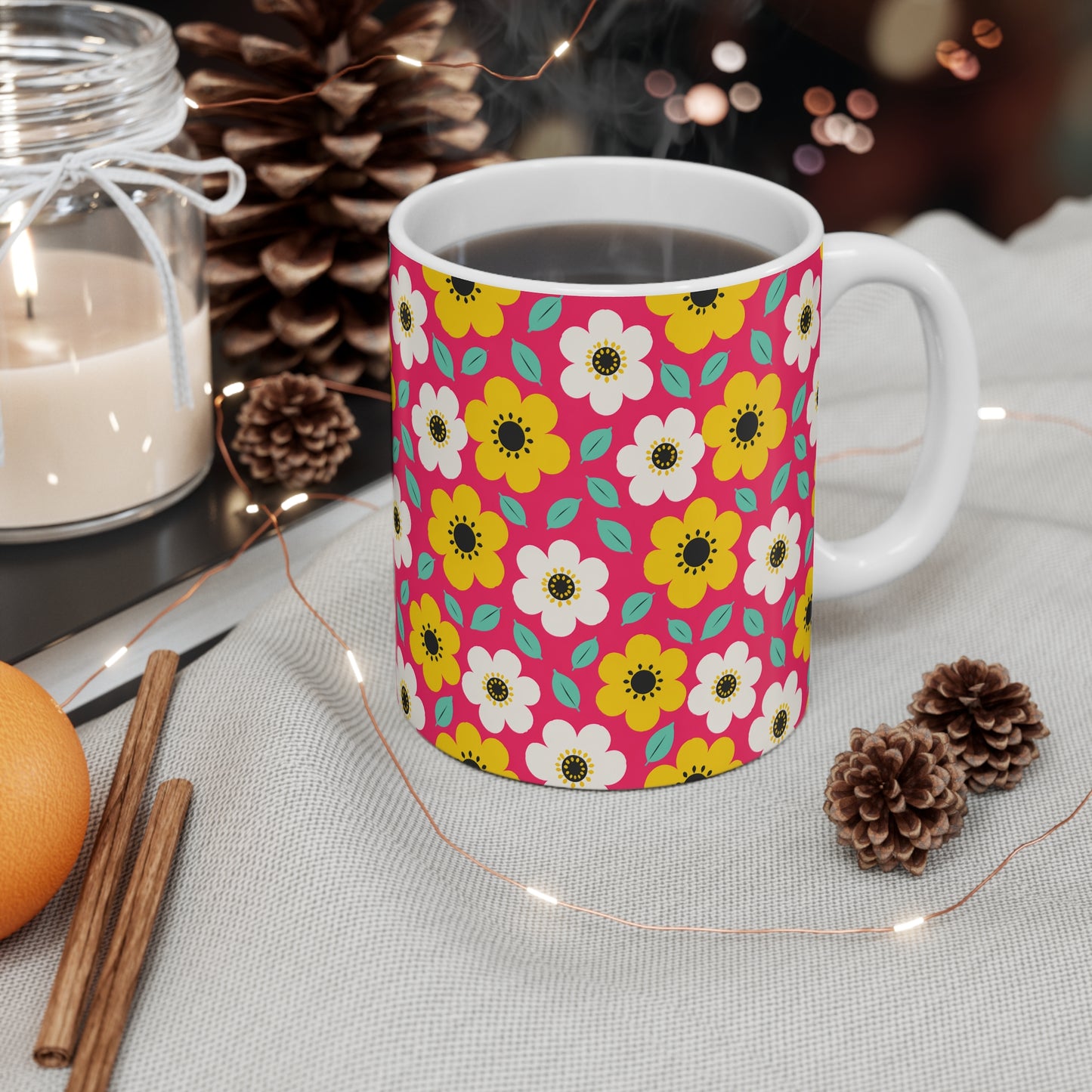 Happy Flower Ceramic Coffee Mug 11 oz Retro Daisy Mug