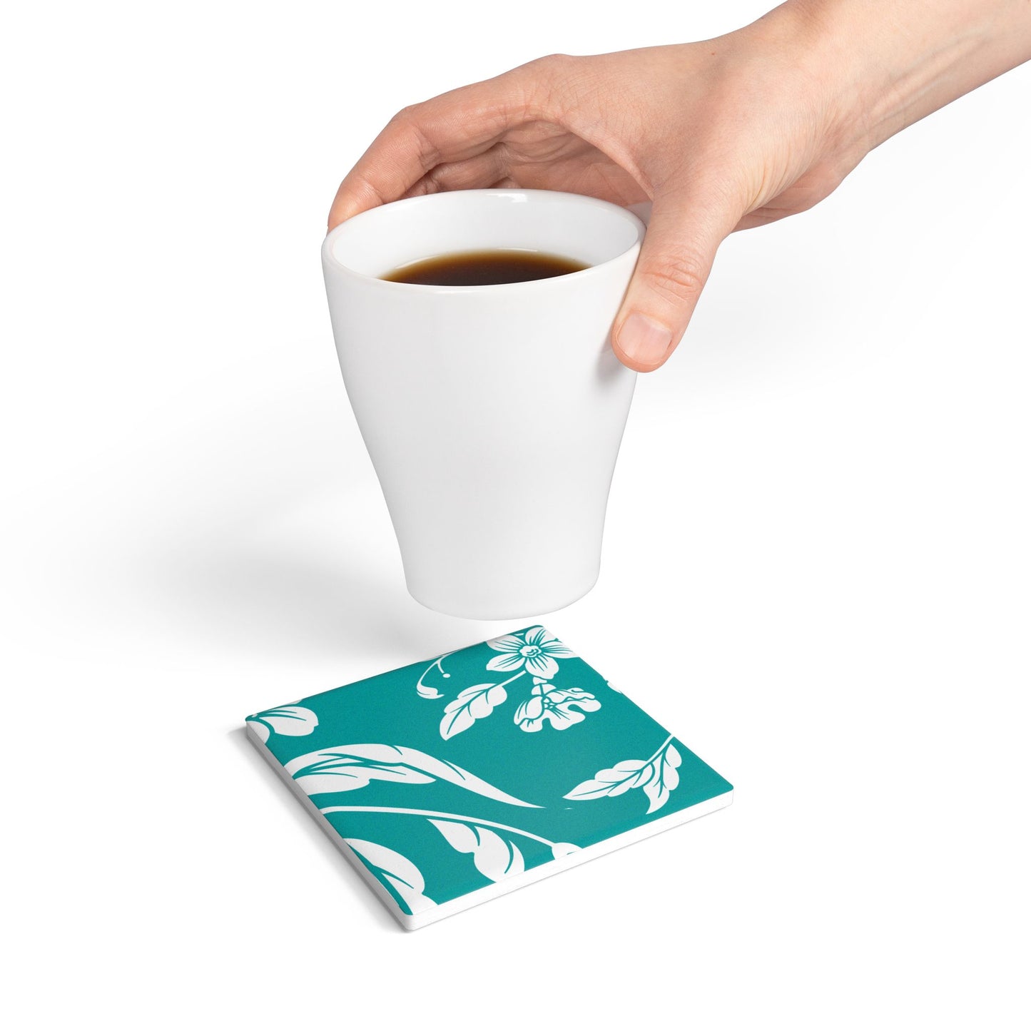 Deep Aqua Floral Ceramic Coaster Coordinated Collection