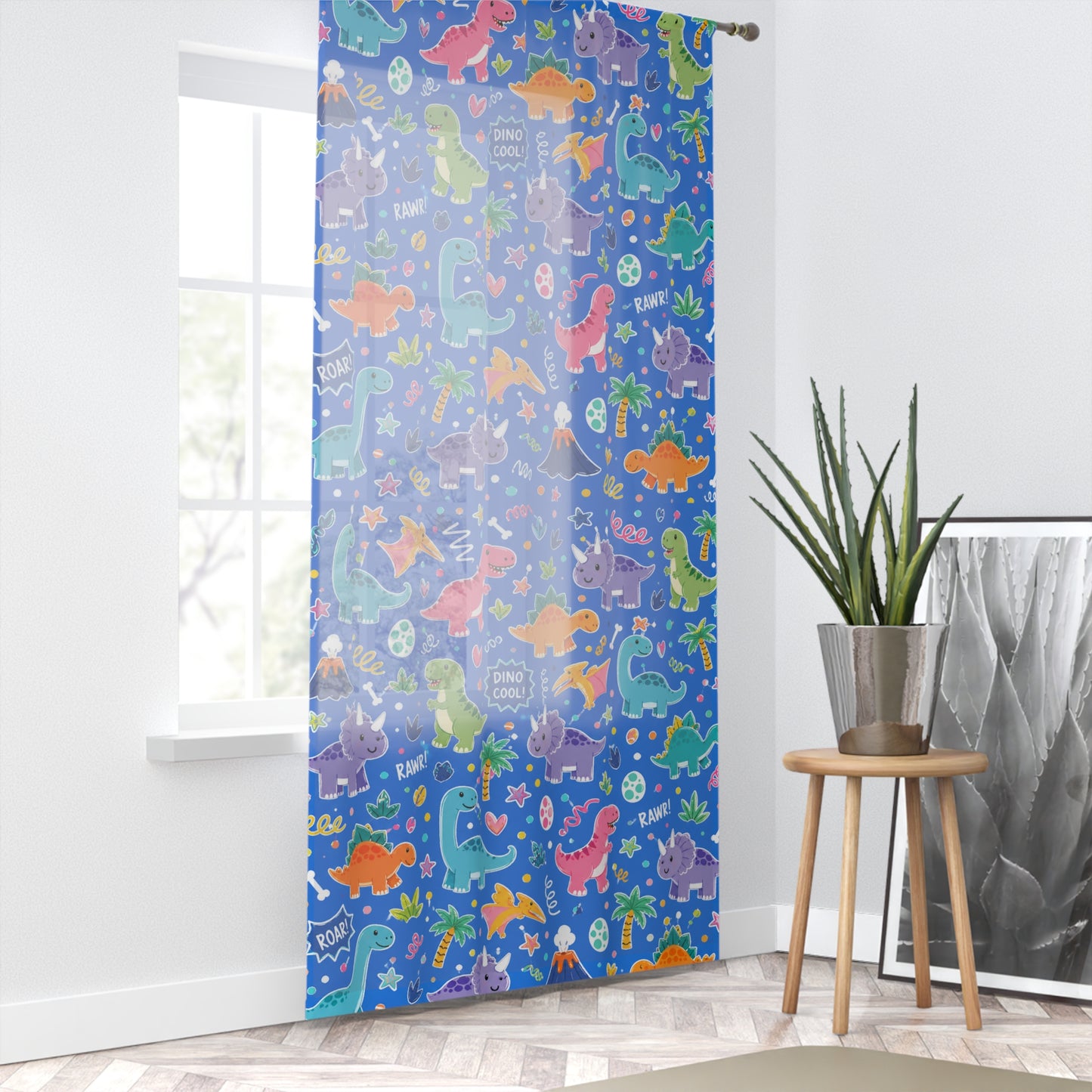 Blue Dino Sheer Curtain Panel 50 x 84 Dinosaur Window Curtain