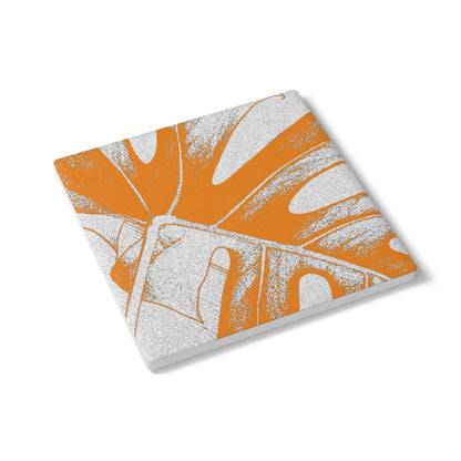 Monstera Leaf Tangerine Ceramic Coaster Botanical Drink Coaster