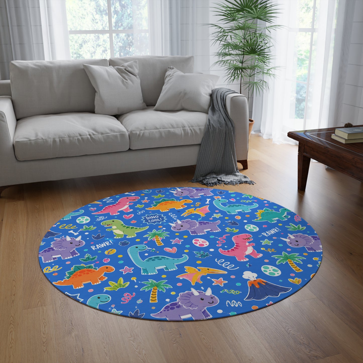 Blue Dino Round Rug 60 Inch Dinosaur Area Rug