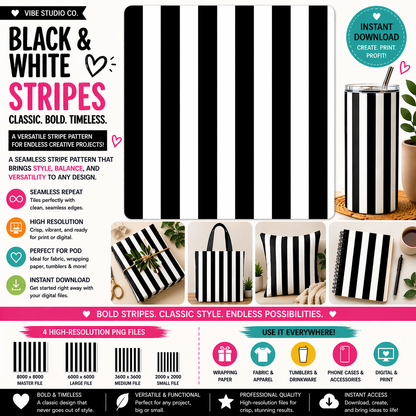 Black and White Stripe Seamless Pattern Bold Stripe Pattern PNG 8000x8000 Repeat Tile