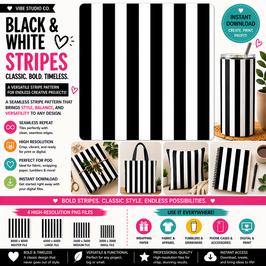 Black and White Stripe Seamless Pattern Bold Stripe Pattern PNG 8000x8000 Repeat Tile