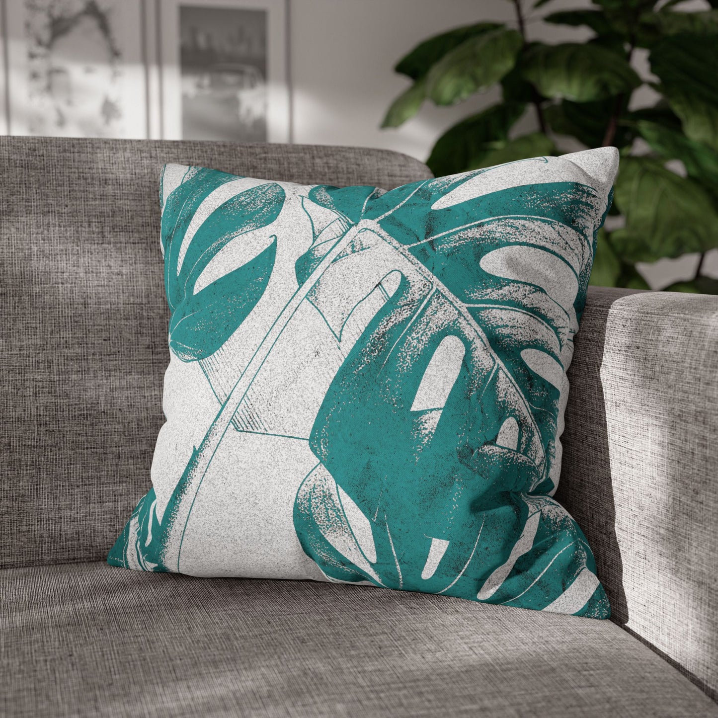 Monstera Leaf Deep Aqua Canvas Pillow Cover 20x20