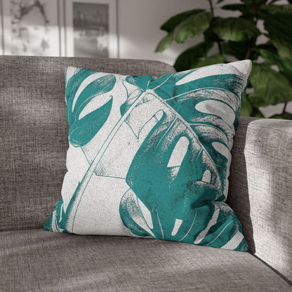 Monstera Leaf Deep Aqua Canvas Pillow Cover 20x20