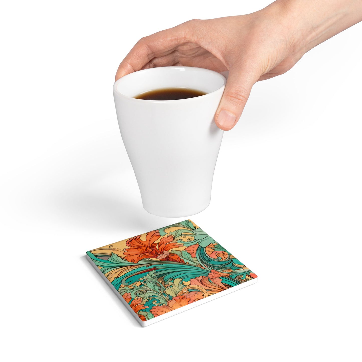 Coral Flourish Ceramic Coaster Botanical Drink Coaster