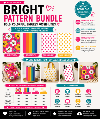 Bright Pattern Bundle Seamless Patterns PNG 8000x8000 Floral Stripe Polka Dot Set