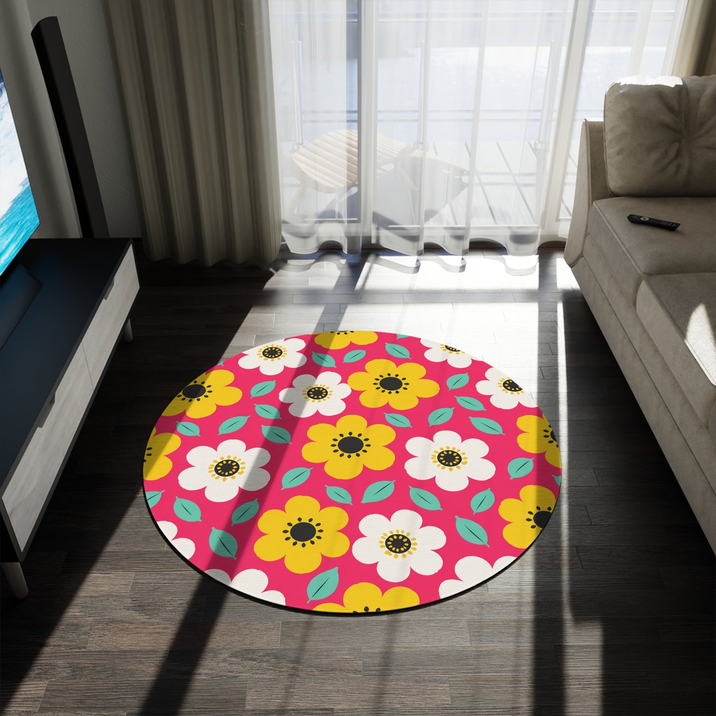 Happy Flower Round Area Rug 60 Inch Retro Daisy Floor Rug