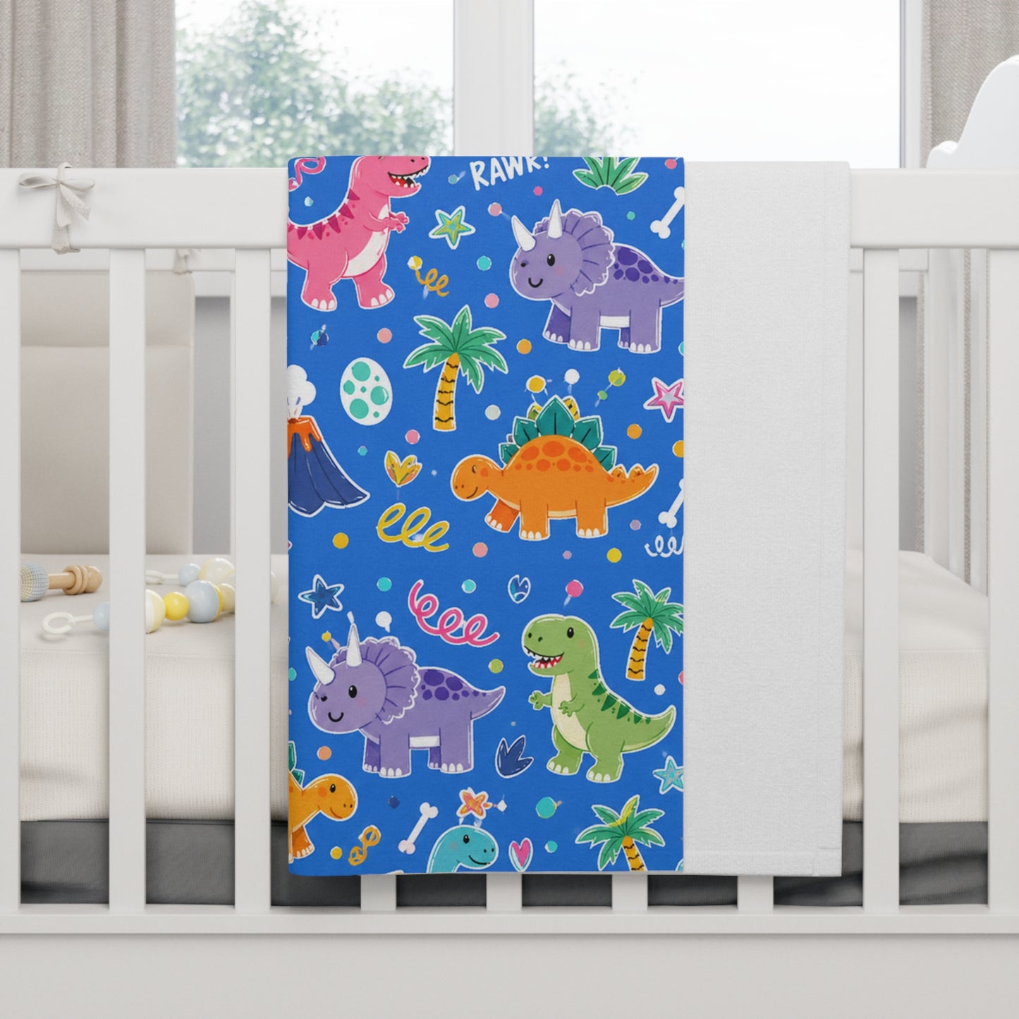 Blue Dino Soft Fleece Baby Blanket Dinosaur Nursery Blanket