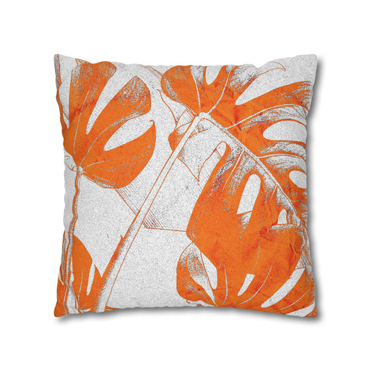 Monstera Leaf Tangerine Canvas Pillow Cover 20x20