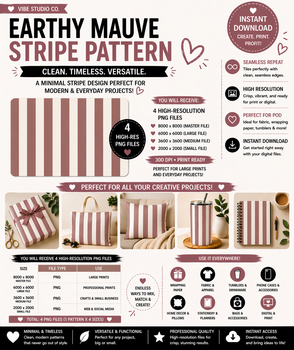 Earthy Mauve Stripe Seamless Pattern Neutral Stripe Pattern PNG 8000x8000 Repeat Tile