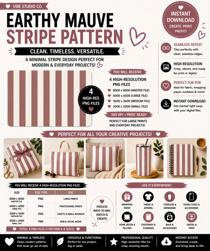 Earthy Mauve Stripe Seamless Pattern Neutral Stripe Pattern PNG 8000x8000 Repeat Tile