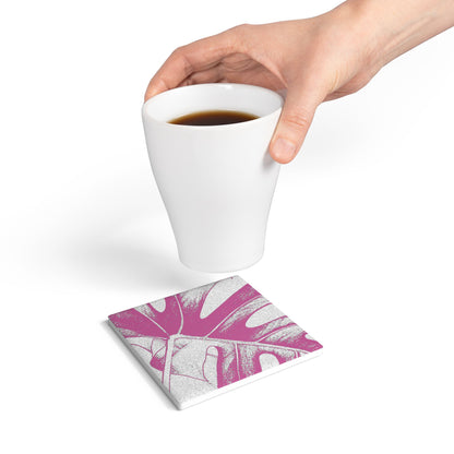 Monstera Leaf Lilac Wine Ceramic Coaster Botanical Drink Coaster