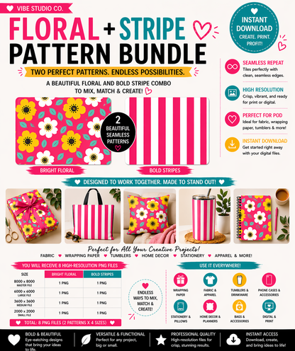 Floral and Stripe Pattern Bundle Seamless Patterns PNG 8000x8000 Repeat Tiles