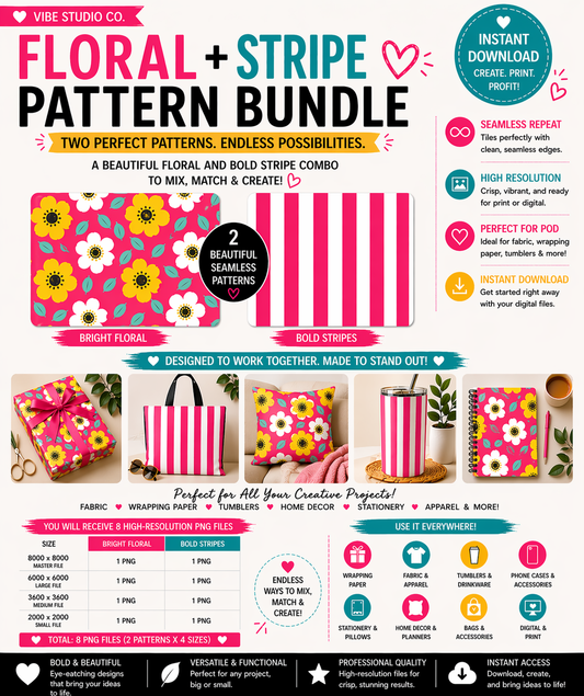 Floral and Stripe Pattern Bundle Seamless Patterns PNG 8000x8000 Repeat Tiles