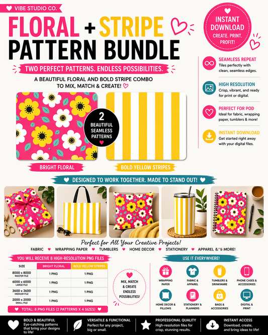 Floral and Yellow Stripe Pattern Bundle Seamless Patterns PNG 8000x8000 Repeat Tiles