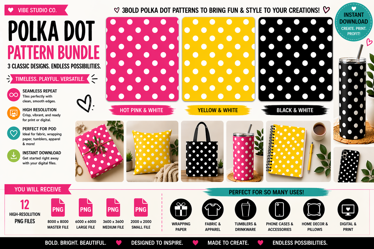 Polka Dot Pattern Bundle Seamless Dot Patterns PNG 8000x8000 Repeat Tiles