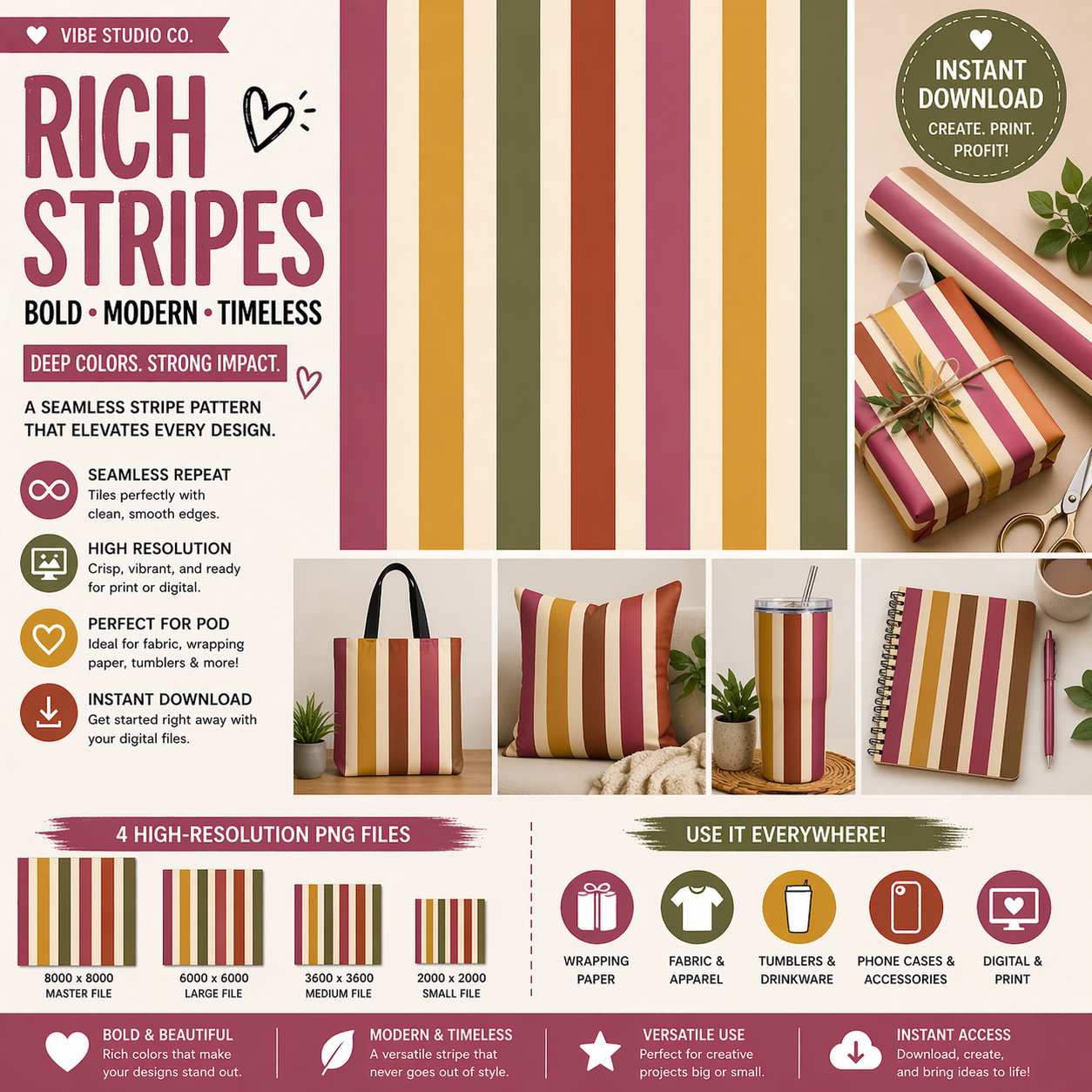 Rich Mauve Stripe Seamless Pattern Earth Tone Stripe Pattern PNG 8000x8000 Repeat Tile
