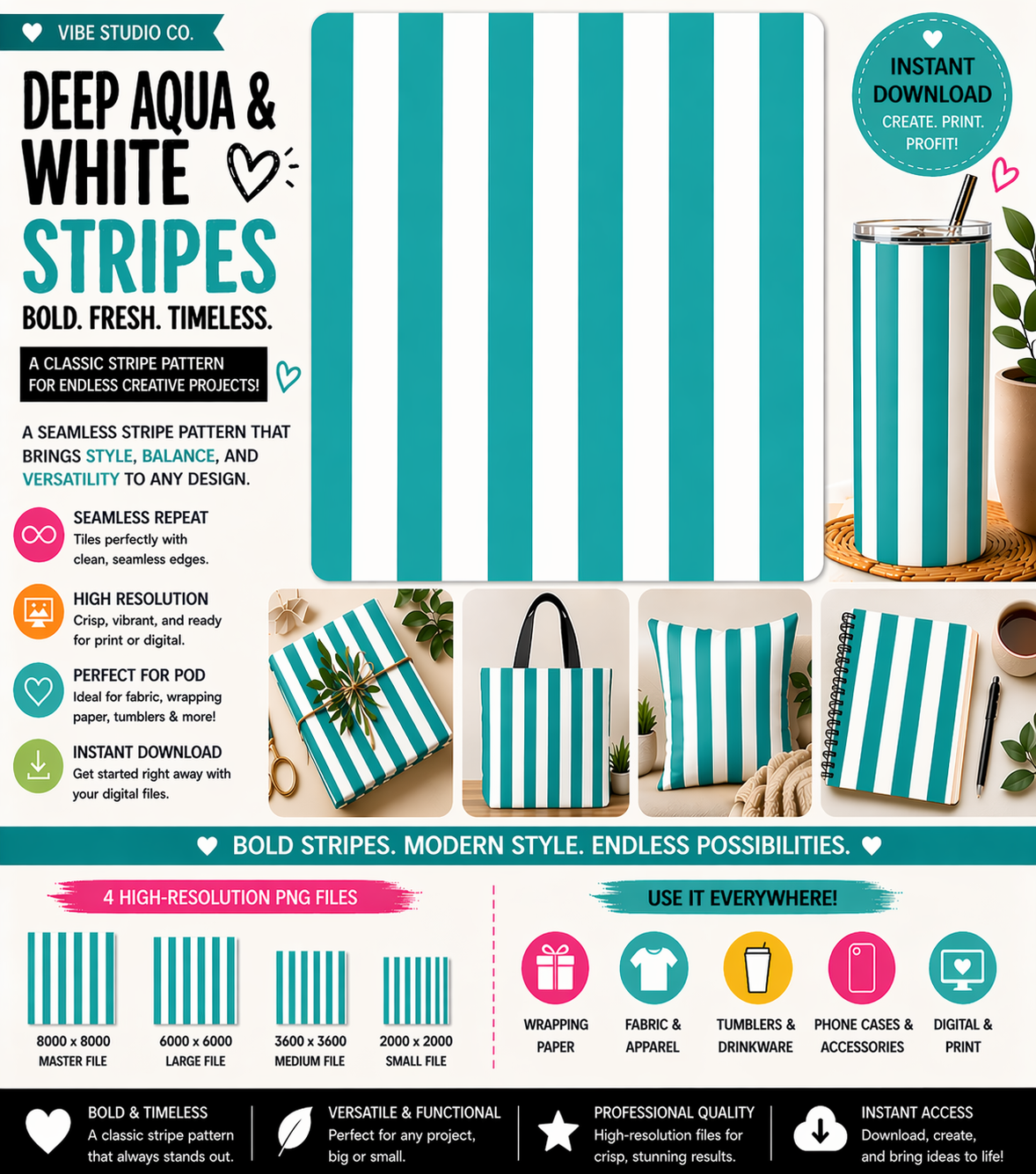Deep Aqua and White Stripe Seamless Pattern Bold Stripe Pattern PNG 8000x8000 Repeat Tile