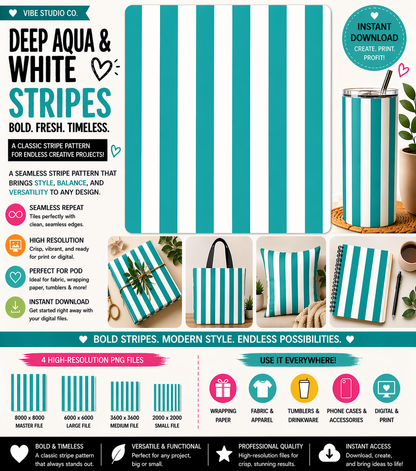 Deep Aqua and White Stripe Seamless Pattern Bold Stripe Pattern PNG 8000x8000 Repeat Tile