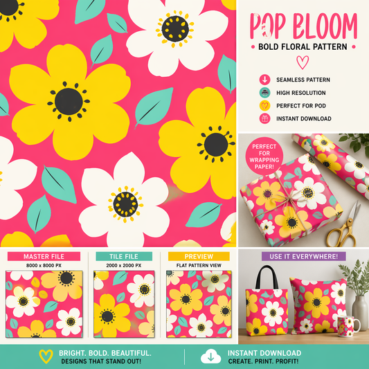 Happy Flower Bold Floral Seamless Pattern Bright Pink Floral PNG 8000x8000 Repeat Tile