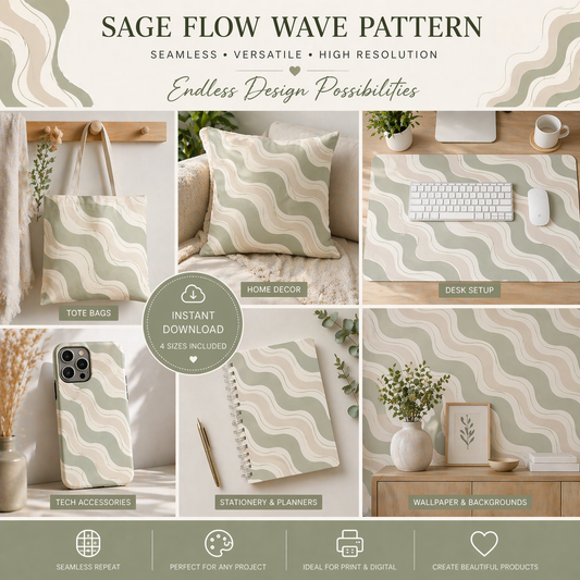 Sage Flow Wave Seamless Pattern Neutral Wave Pattern PNG 8000x8000 Repeat Tile